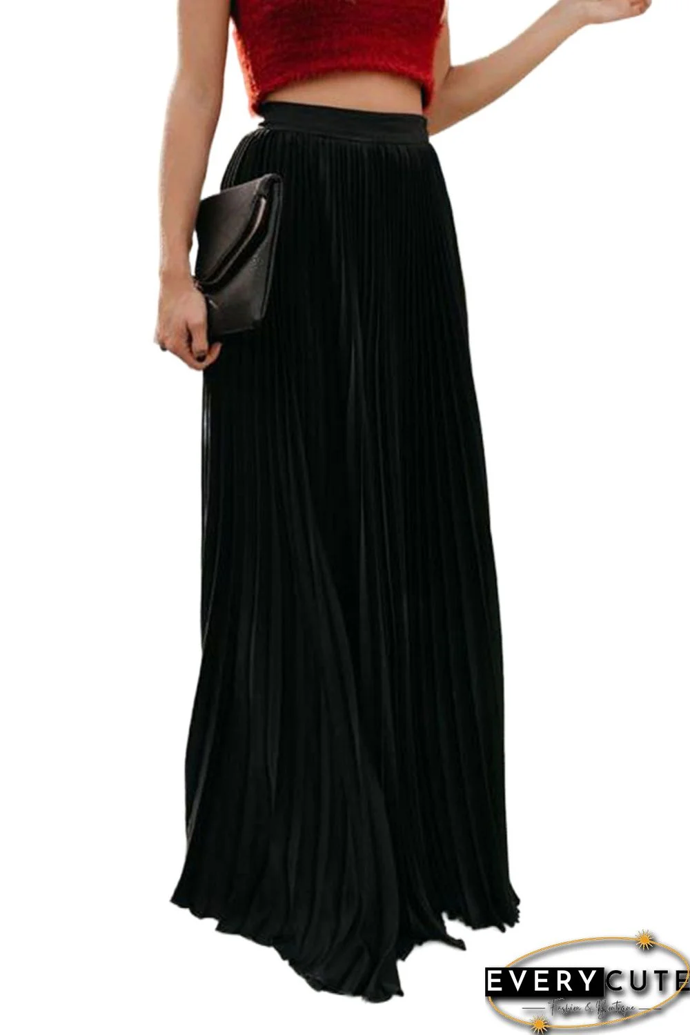 Black High Waisted Pleated Maxi Skirt