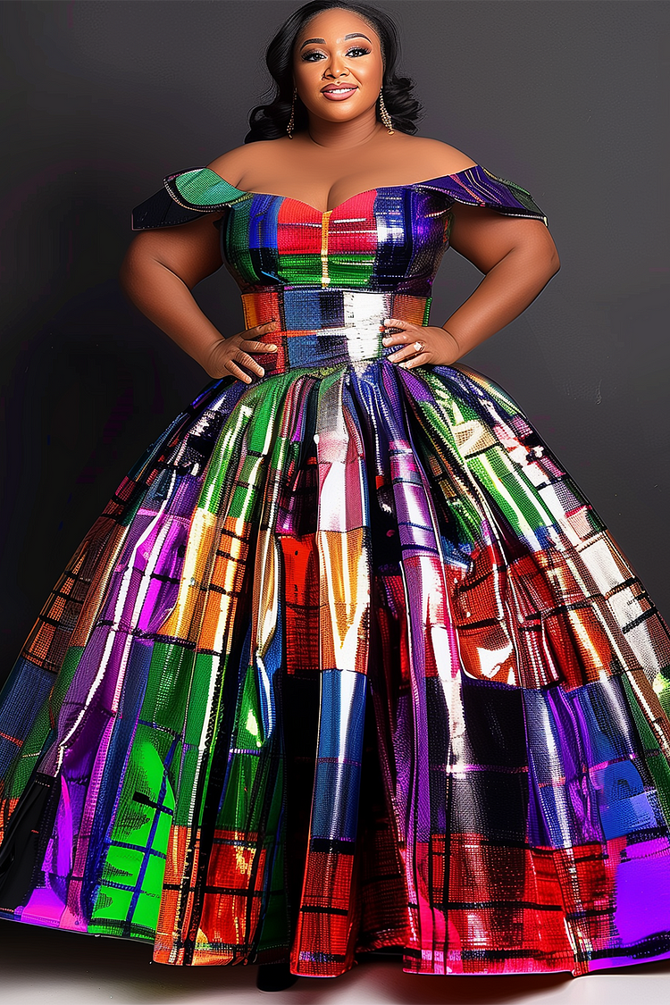 Xpluswear Design Plus Size Formal Rainbow Tartan Off The Shoulder Pleated Metallic Maxi Dresses [Pre-Order]