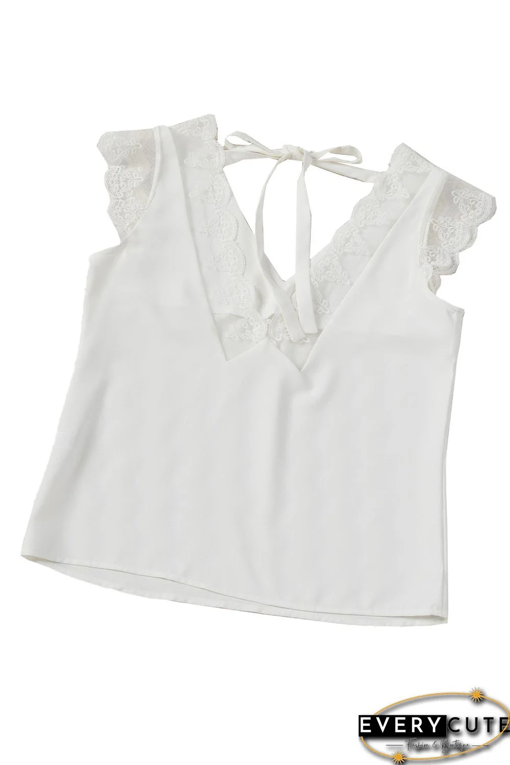 White Lace Patchwork Lace-up Backless V Neck Blouse