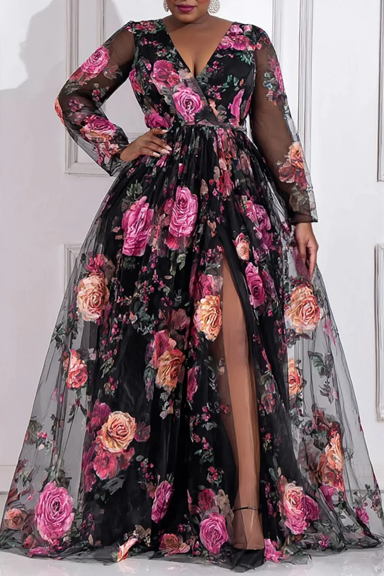 Xpluswear Design Plus Size Formal Black Floral Wrap Neck Split Vintage Tulle Maxi Dresses [Pre-Order]