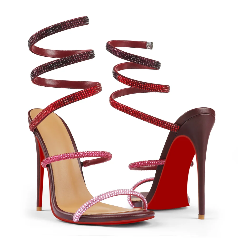 120mm Women's Cross Strappy Sandals Rhinestone Heels Red bottom Pull-on Sexy Stilettos-MERUMOTE
