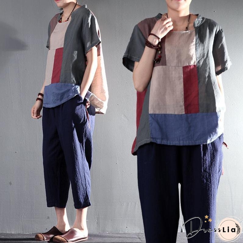 New gray patchwork women linen shirt plus size short blouse top