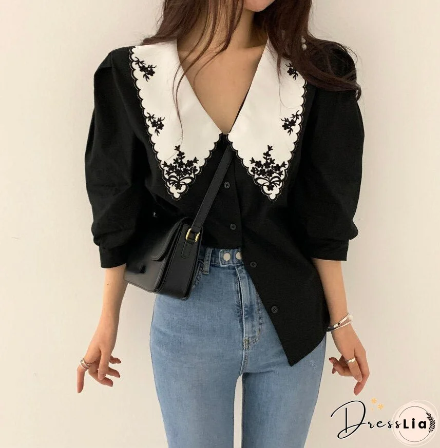 Christmas Gift Single-breasted Loose Shirt Women Korean Chic Autumn Retro Puff Sleeve Woman Blouses Lapel Embroidery Hit Color Blusas