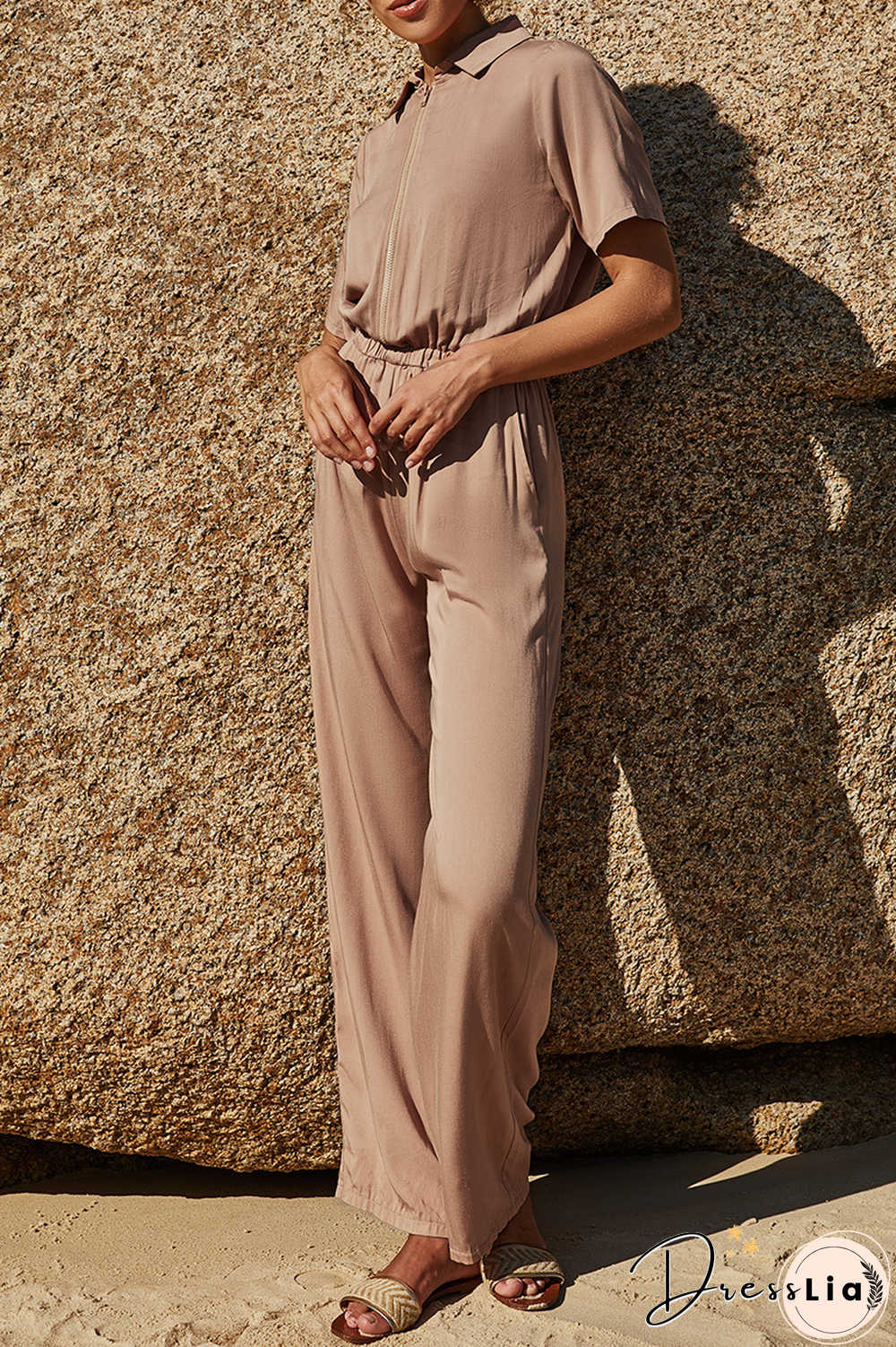 Casual Solid Without Belt Zipper Turndown Collar Straight Jumpsuits