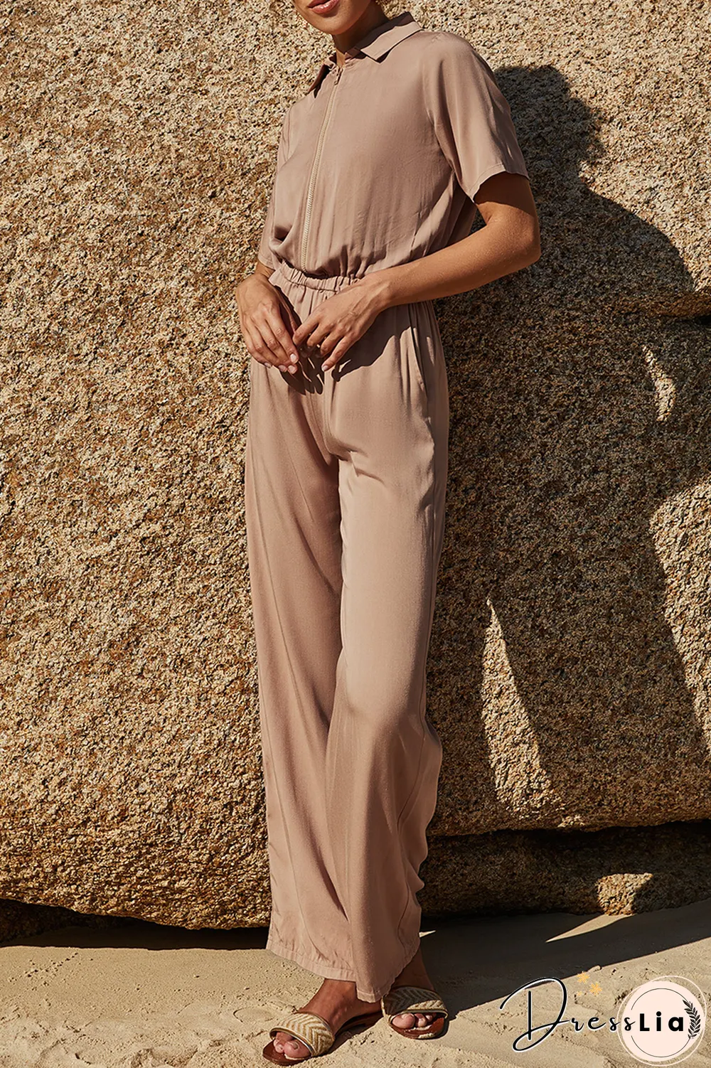 Casual Solid Without Belt Zipper Turndown Collar Straight Jumpsuits