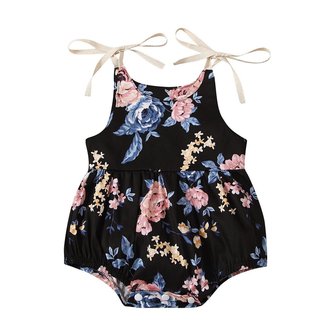 Infant Newborn Baby Girl’s Casual Suspender Jumpsuits Fashion Flower Print Round Neck Bow Lace-Up Triangle Romper