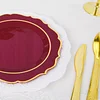 10 Pack | 8" Burgundy Plastic Dessert Salad Plates, Disposable Tableware Round With Gold Scalloped Rim