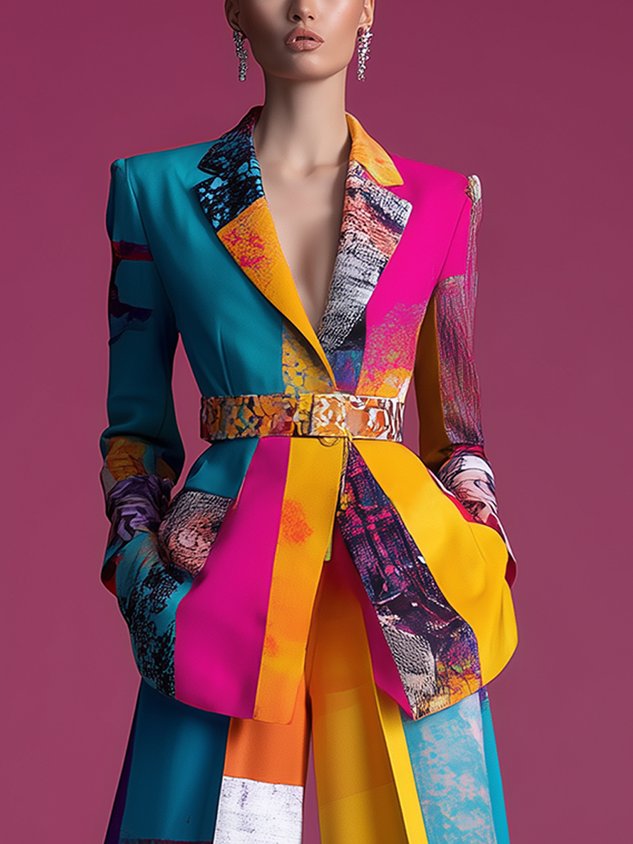 Elegant Printing Random Print Lapel Collar Blazer With Belt mysite idetrend