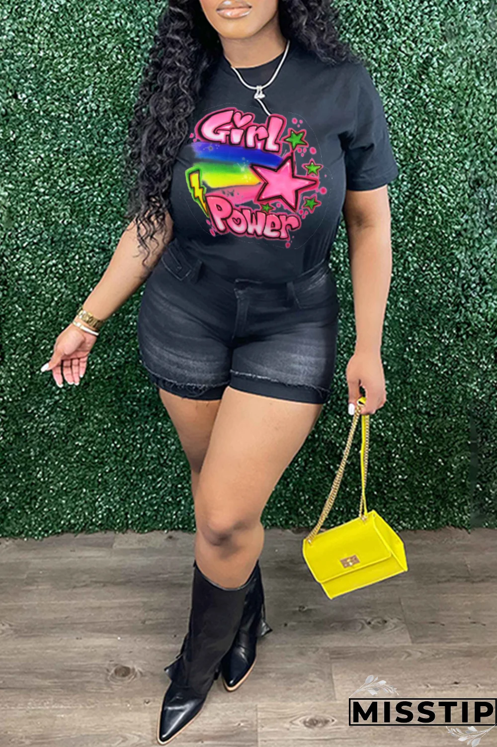 Black Street Vintage Print Patchwork Letter O Neck T-Shirts