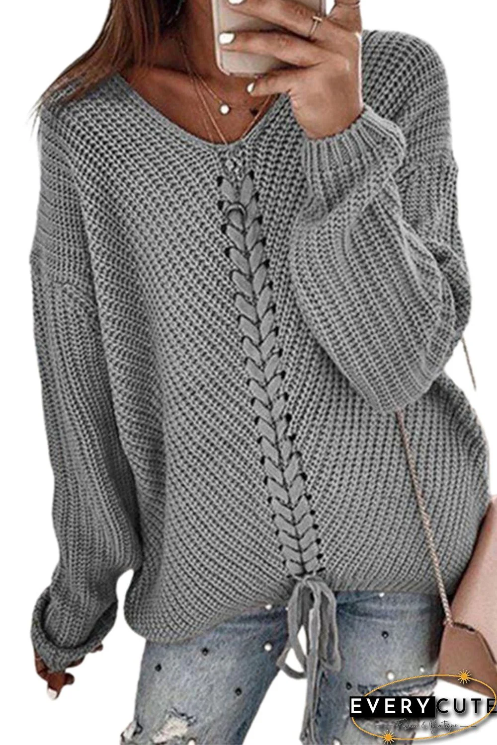 Gray V-neck Lace Up Knitted Sweater