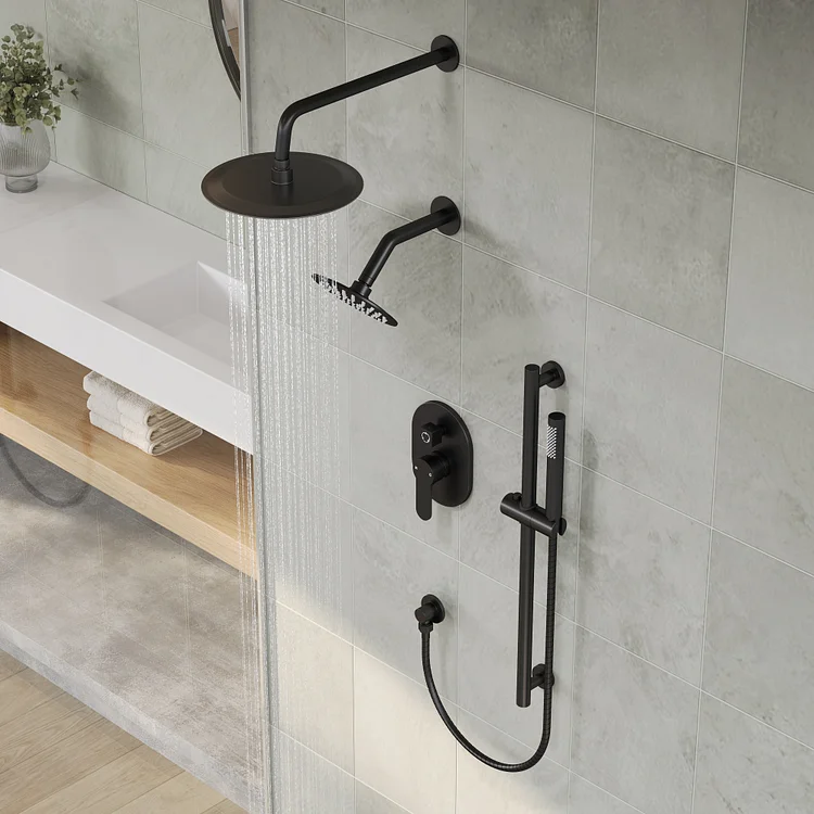 SFS-1058-BK10 10'' Complete Dual Shower Faucet Set with 3-Spray Patterns, Wall Mounted and Rough-in Valve