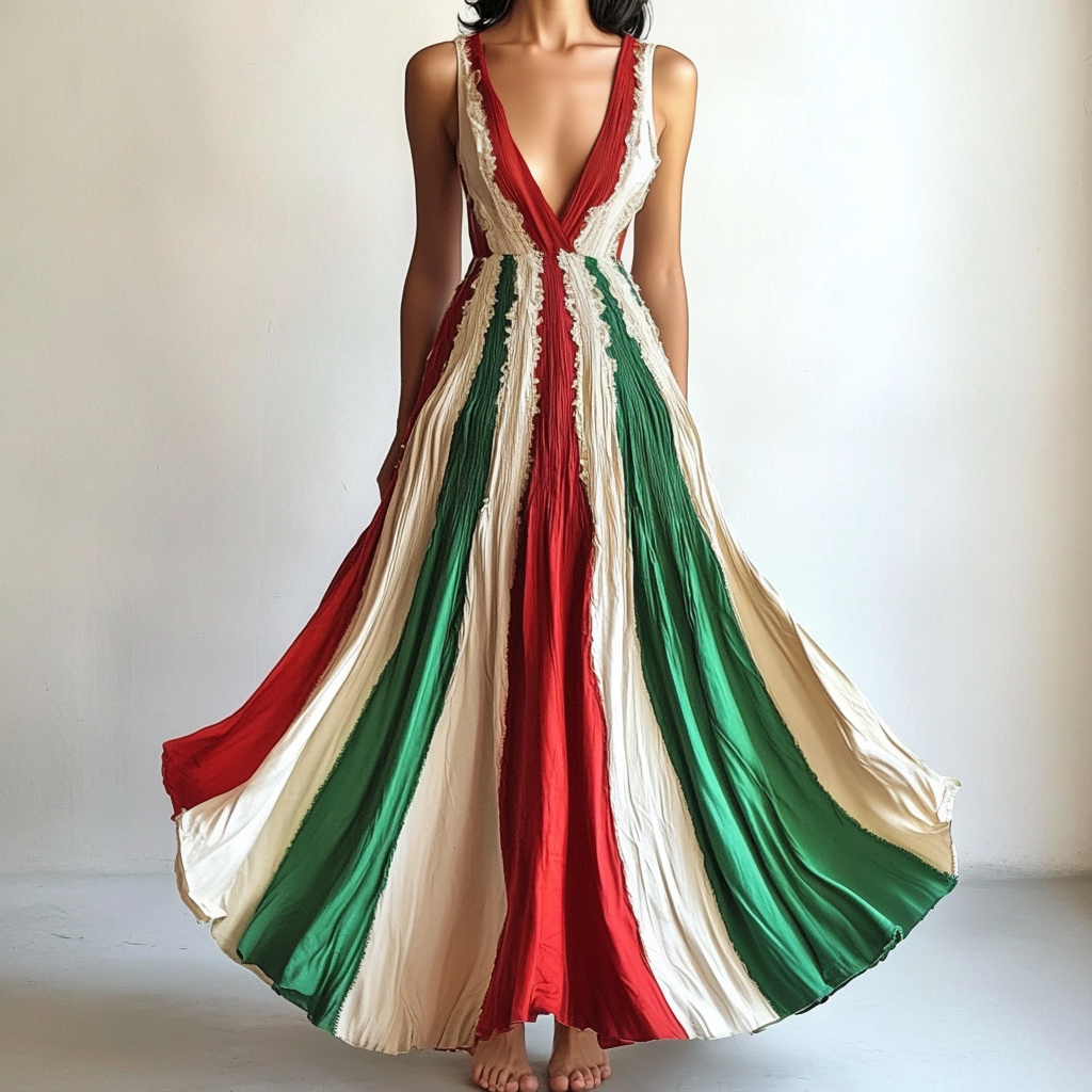 Abito da donna con scollo a V e motivo vintage con bandiera italiana