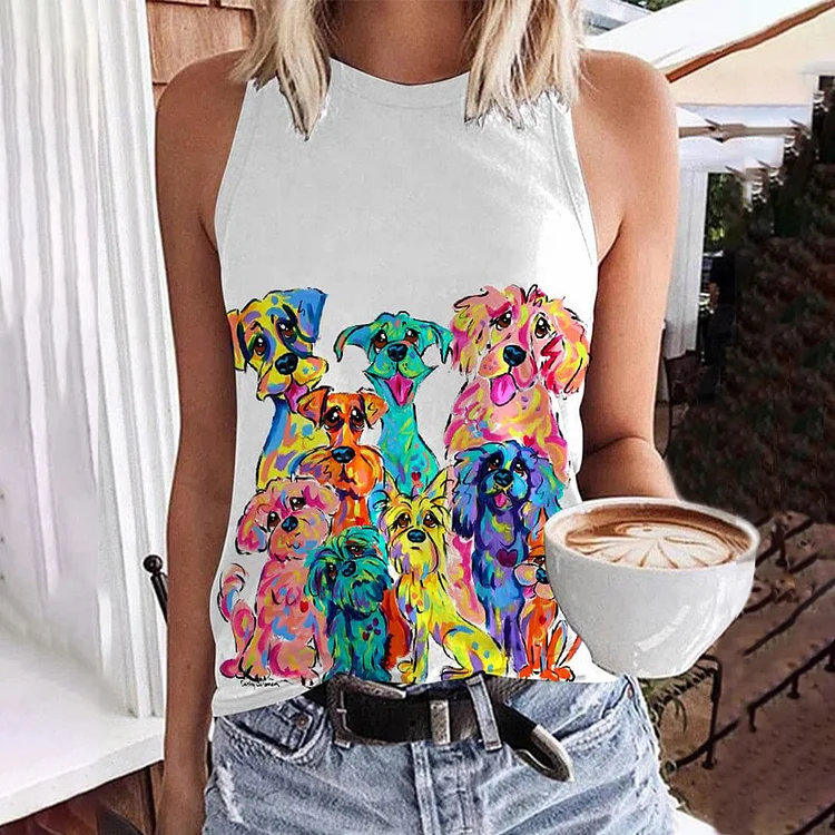 Women's Oil Painting Dog Print Casual Vest