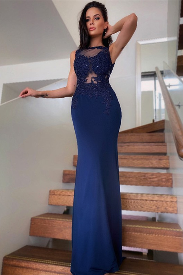 Bellasprom Navy Blue Appliques Mermaid Prom Dress Sleeveless Lace Bellasprom