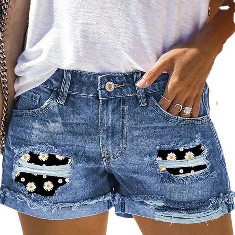 Floral Printed Cuffed Ripped Denim Shorts