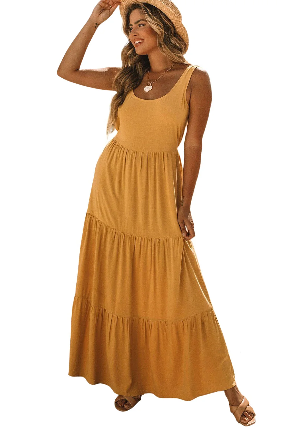Women Yellow Sleeveless Ruched High Waist Maxi Dress
