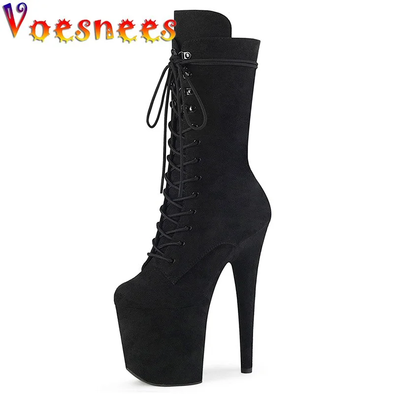 Qengg Pure Colour Lace Up Model Walk Show Short Boots Suede Stripper 20CM Super High Heel Shoe Women Candy Color Platforms Party Pumps