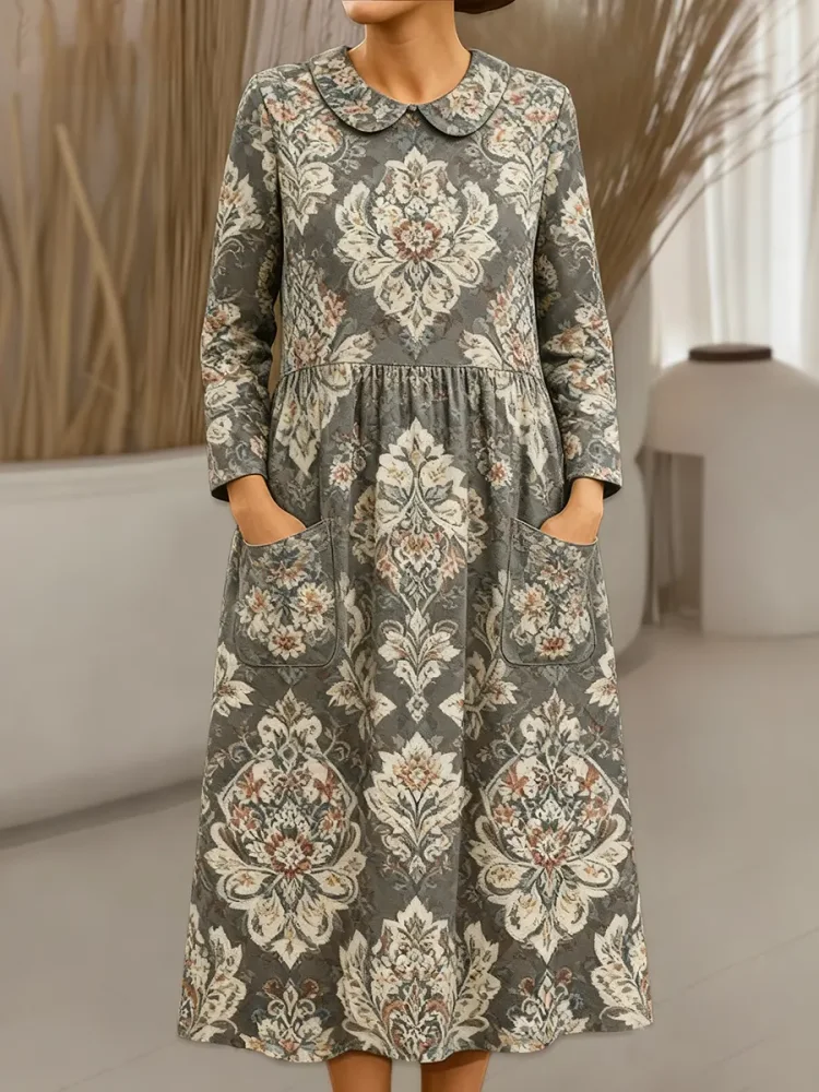 Women's Vintage Flower Pattern Art Print Cotton Lapel Shirt Dress