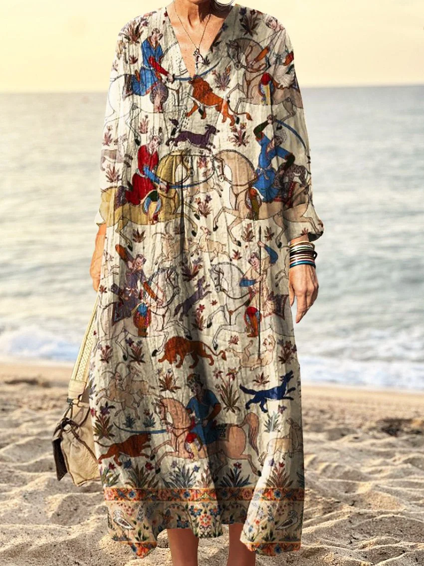 Women's Animal Horseback Archery Art Print V-Neck Long Sleeve Dress