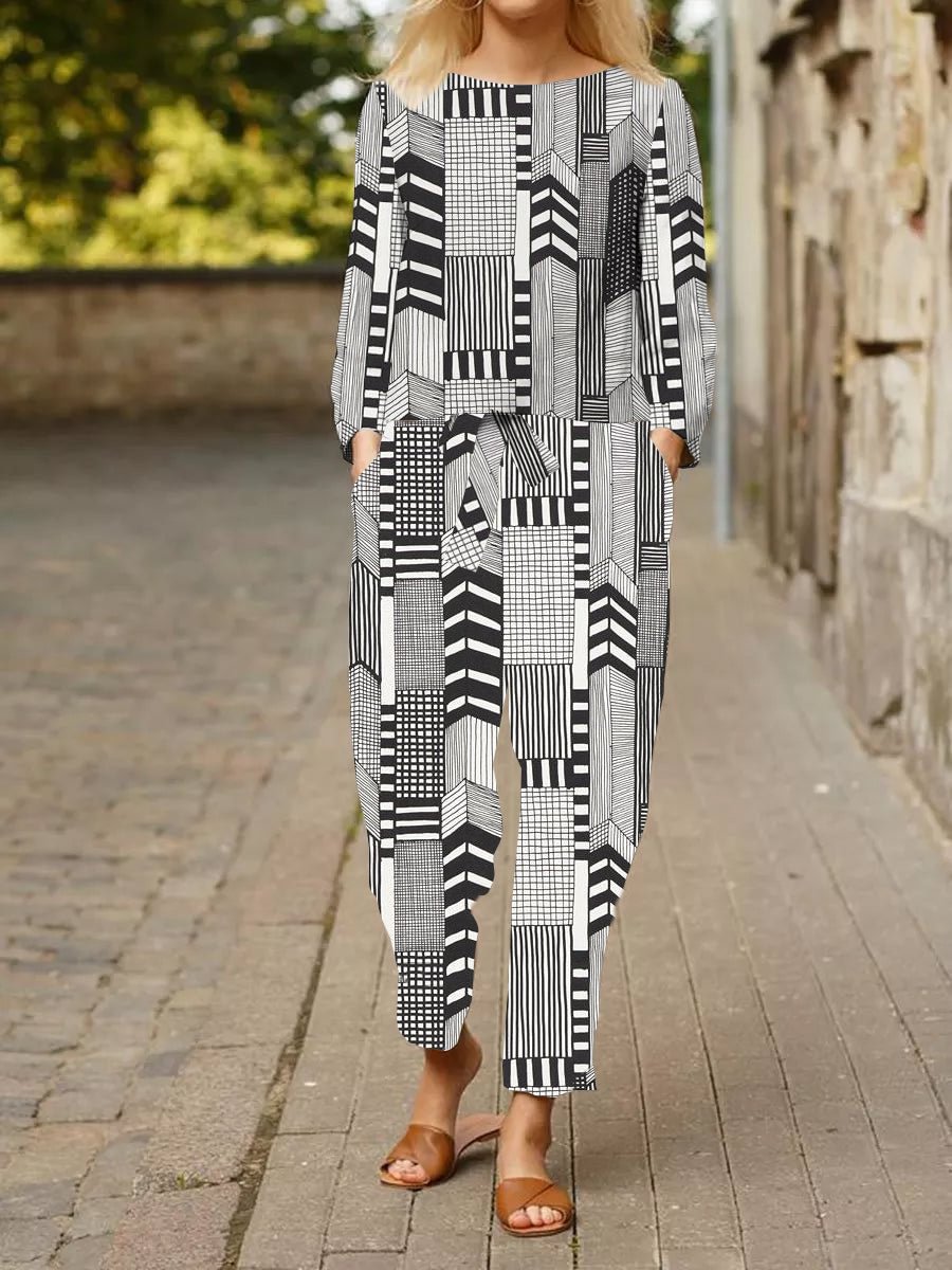 Abstract Pattern Printing Pocketed Pants Casual Two-piece Suits