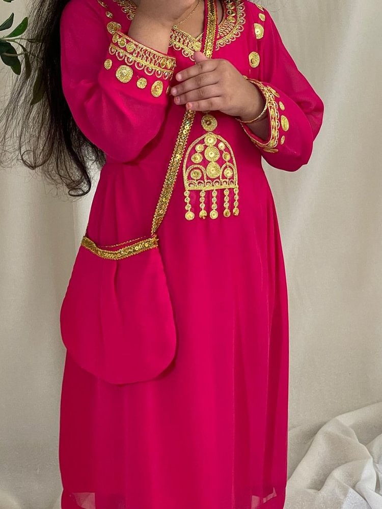 Embroidered V Neck Long Sleeve Kid's Kaftan