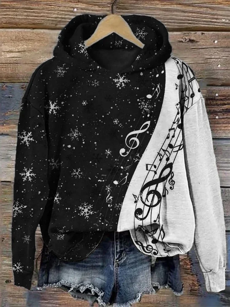 Women's Music Notes Christmas Snowflakes Print Hoodie