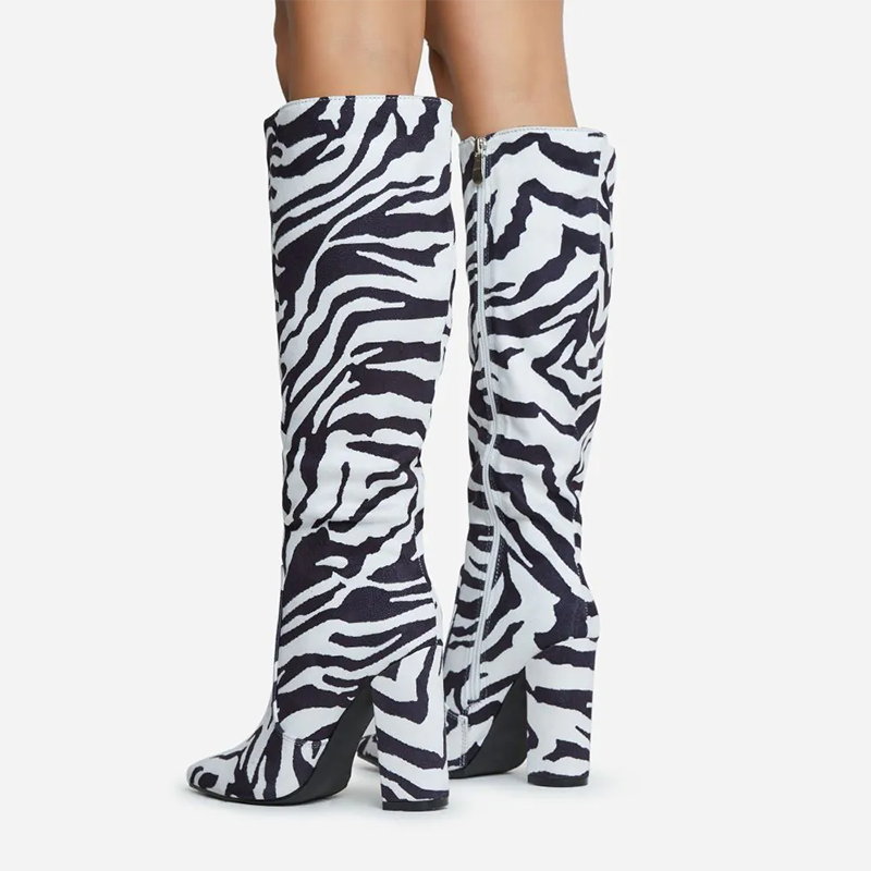Women's Pointed Zebra Shoes Classic Chunky Heels Knee Zipper Boots Nicepairs