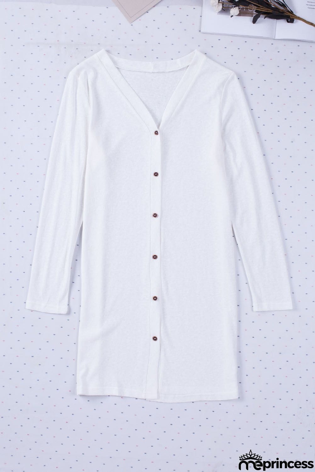 Solid Color Open-Front Buttons White Cardigan