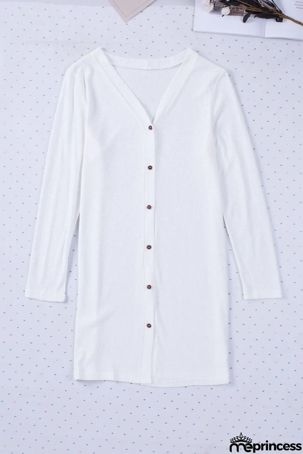 Solid Color Open-Front Buttons White Cardigan