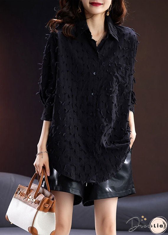 Jacquard Black Tassel Side Open Button Shirt Long Sleeve