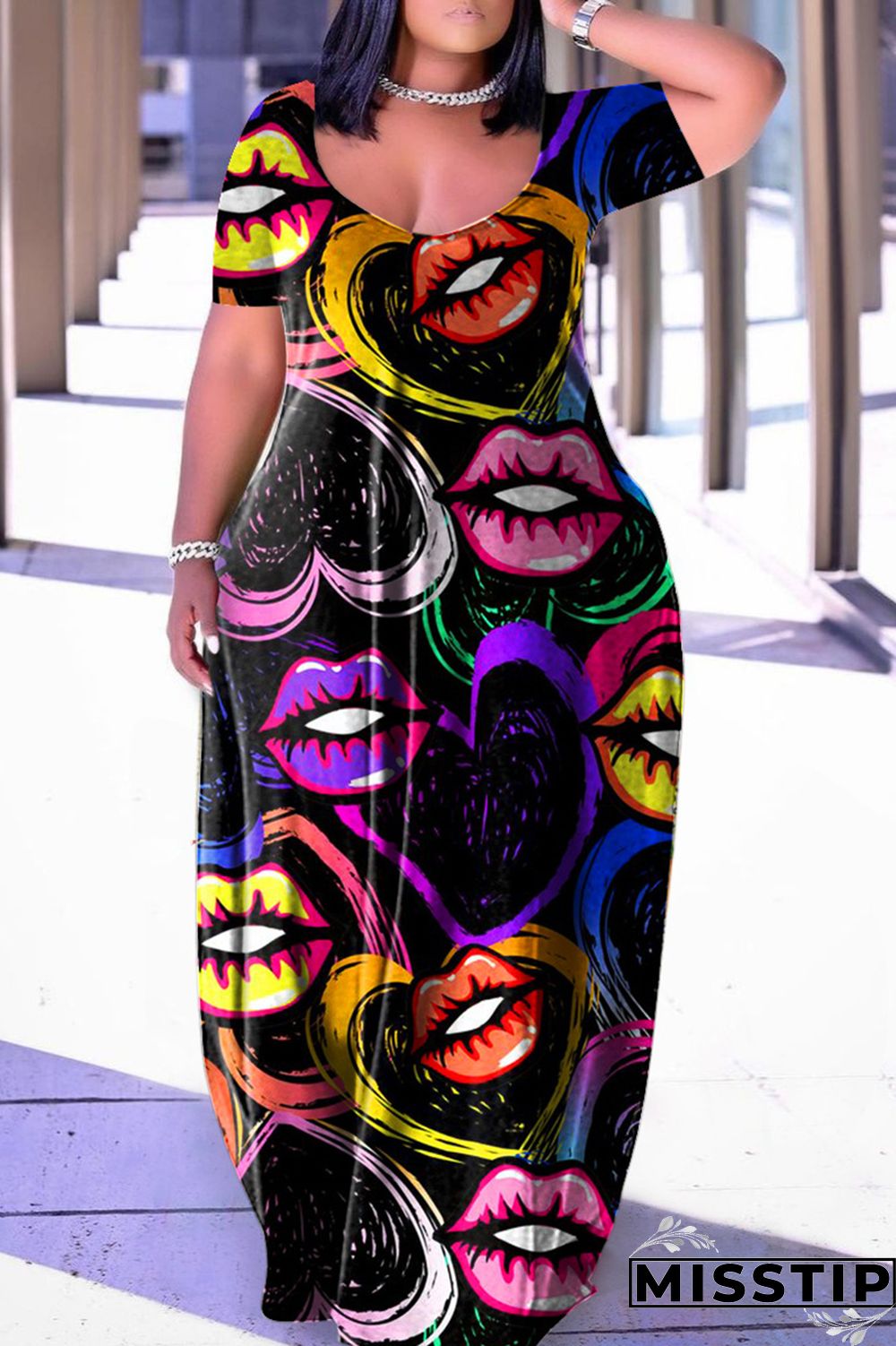 Multicolor Casual Print Basic V Neck Short Sleeve Dress Plus Size Dresses