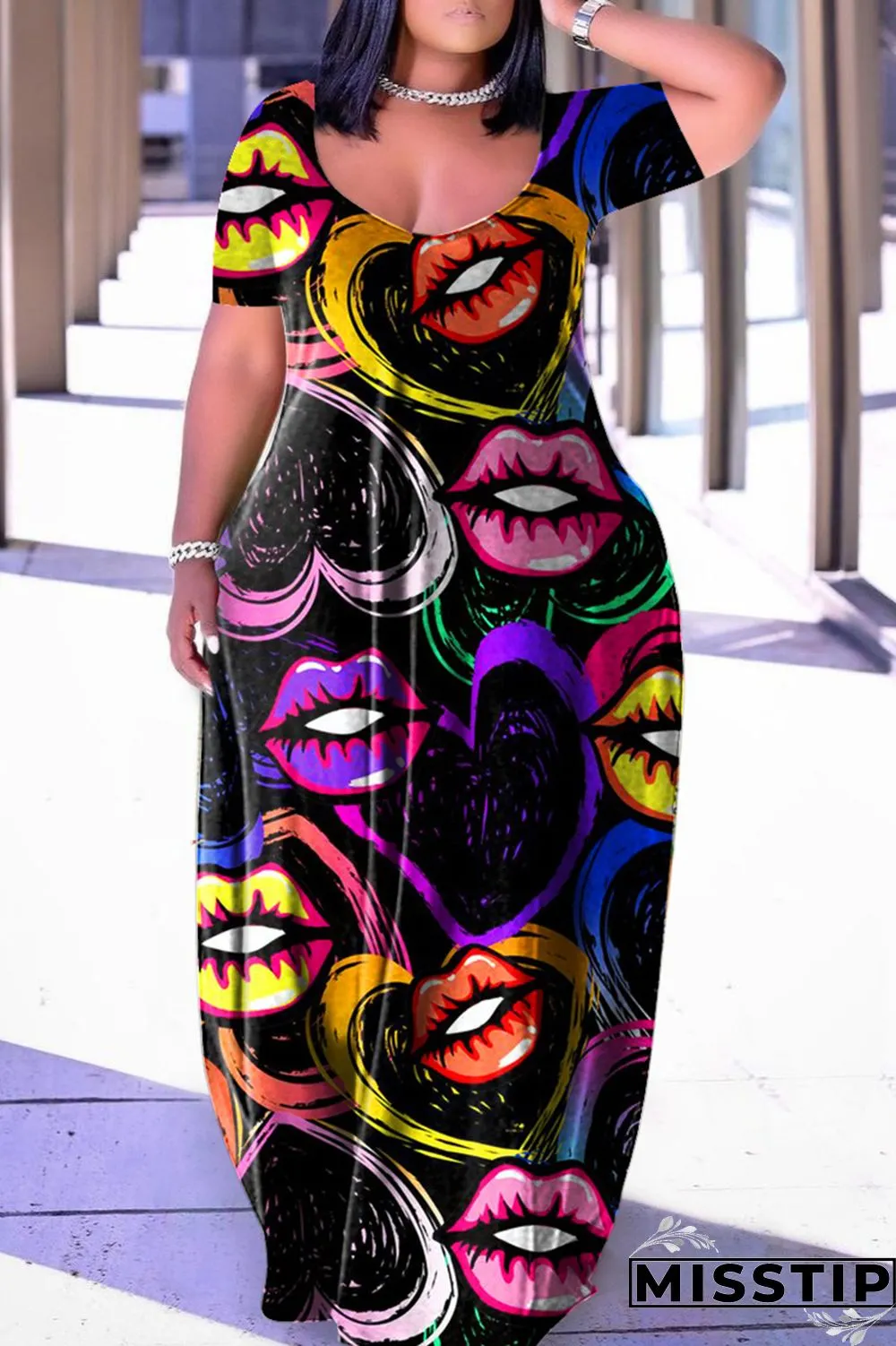 Multicolor Casual Print Basic V Neck Short Sleeve Dress Plus Size Dresses