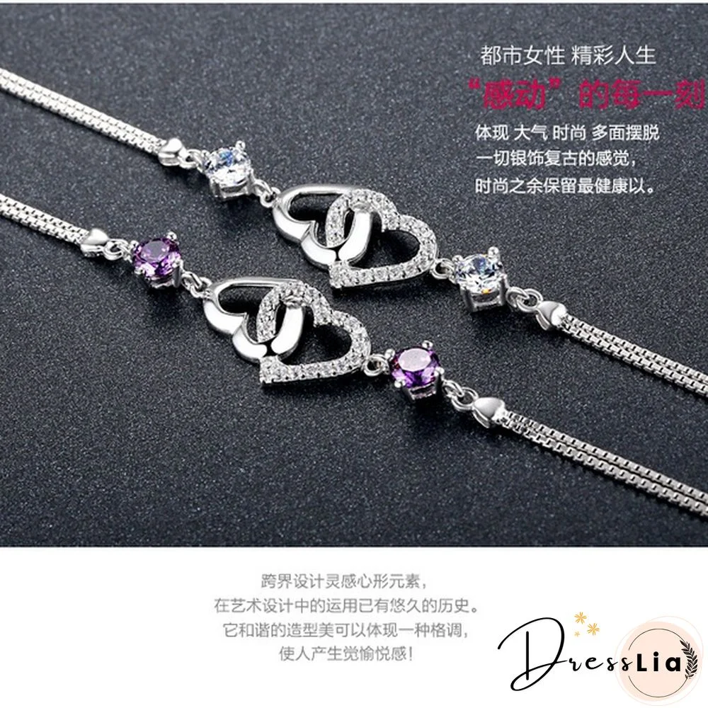 925 Silver Ladies Natural Amethyst Heart-shaped Bracelet Fashion Micro-inlaid Hollow Heart-shaped Zircon Bracelet