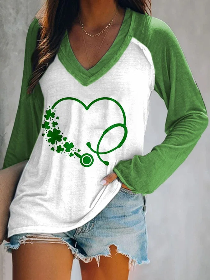 Four-Leaf Clover Casual Print V-Neck T-Shirt socialshop