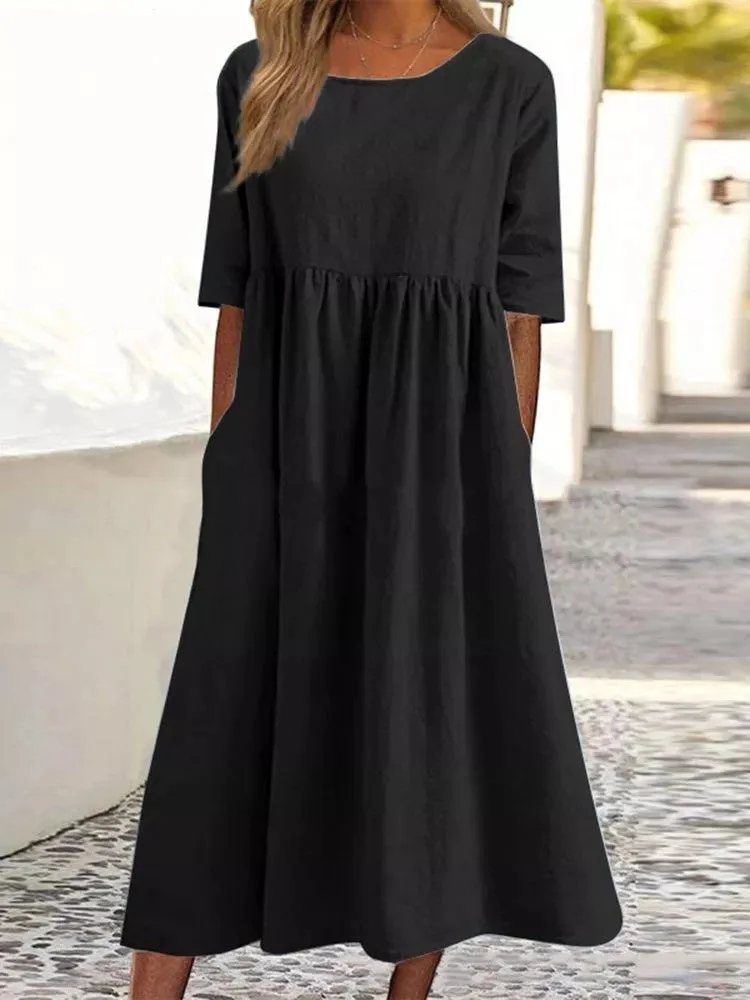 Women plus size clothing Women's Half Sleeve Scoop Neck Solid Color Midi Dress-Nordswear