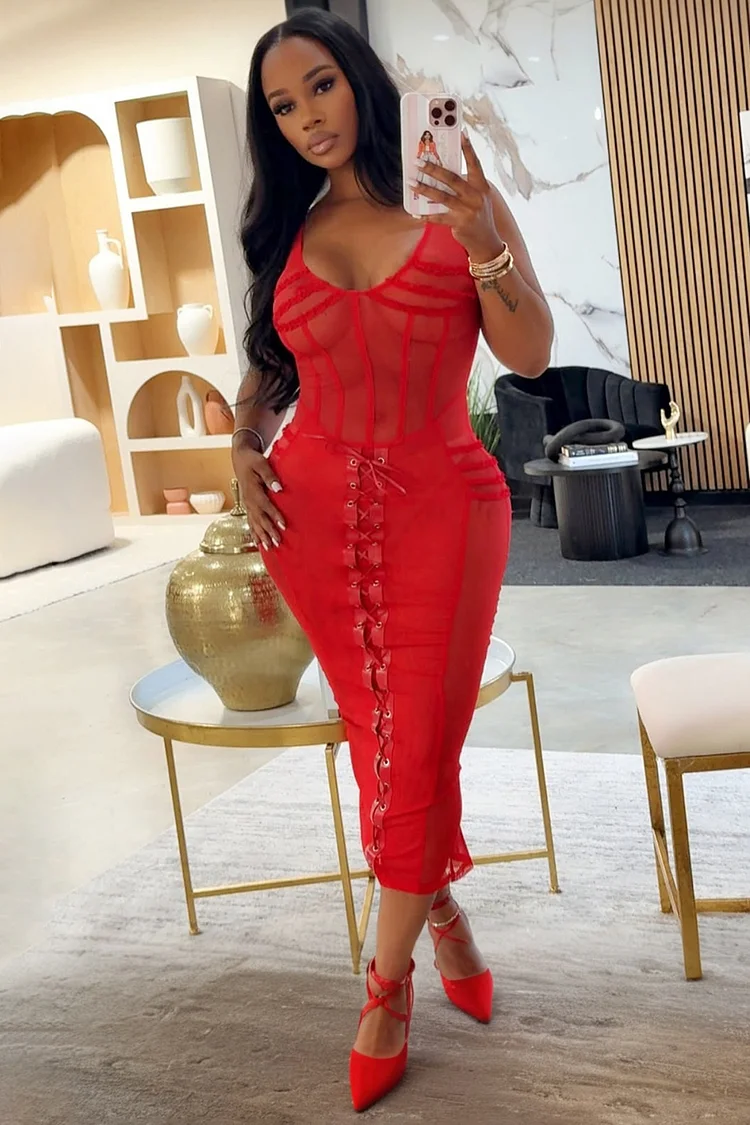 See-Through Mesh Corset Lace-Up Bodycon Party Midi Dresses-Red [Pre Order]