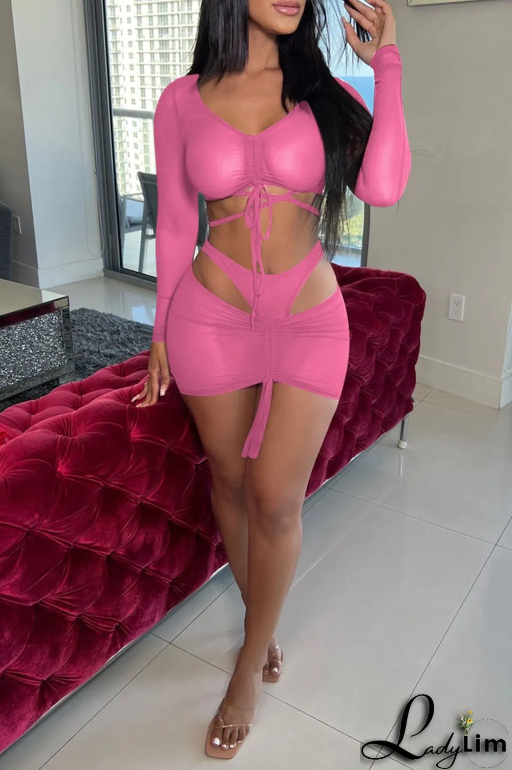 Pink Fashion Sexy Solid Bandage V Neck Long Sleeve Two Pieces