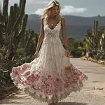 Boho Pink Roses Lace Patchwork Flowy Linen Cami Maxi Dress - Image 2