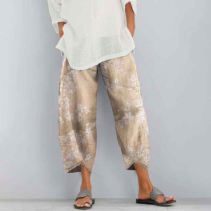 Women Vintage Floral Art Printed Pocket Casual Pants