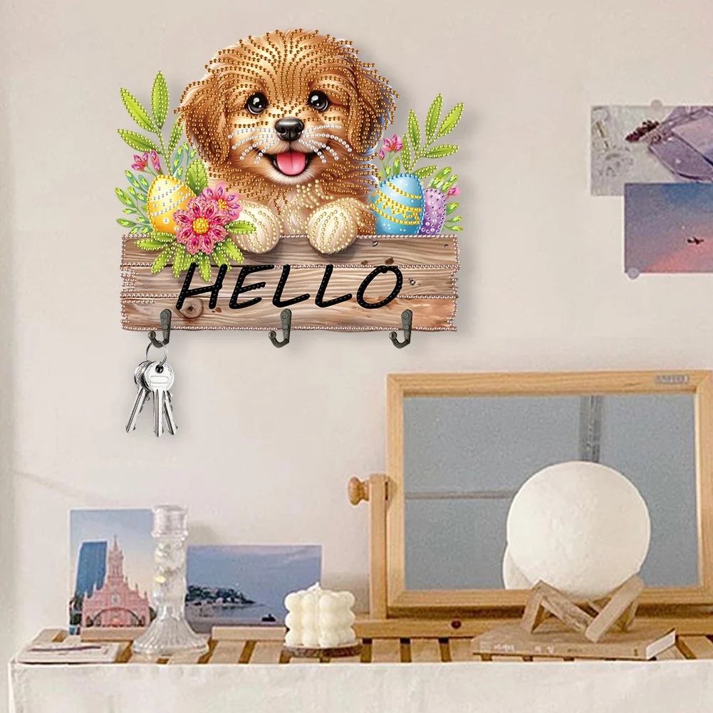 5D DIY Hello Dog 3 Hooks Special Shape Diamond Painting Wooden Hook Rail for Wall