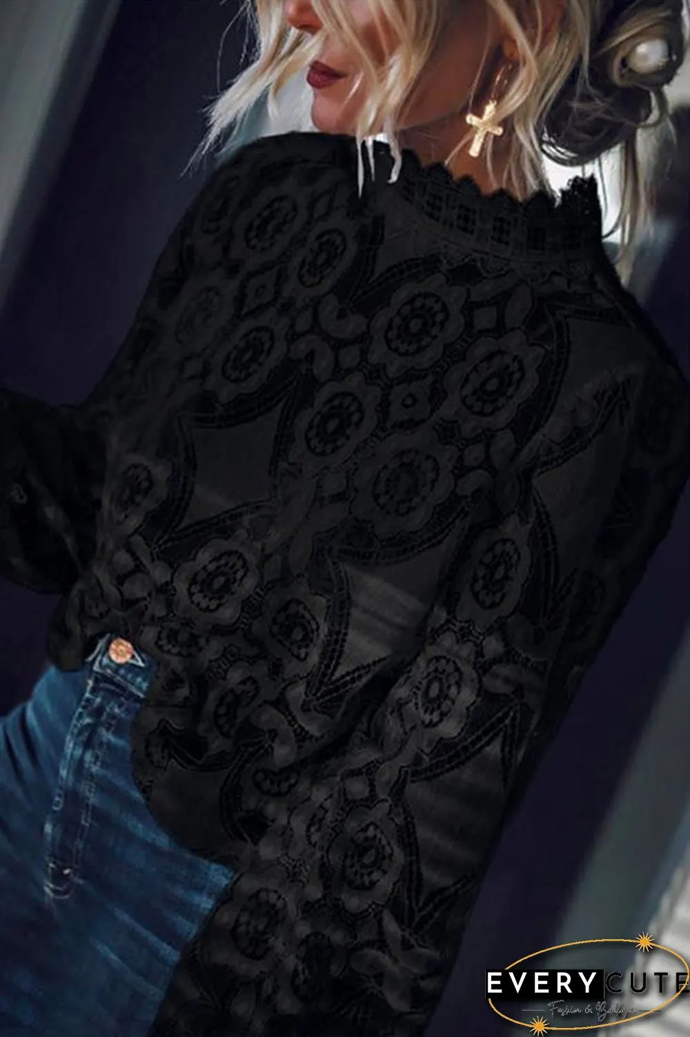 Mockneck Mesh Ruffle Lace Shirt