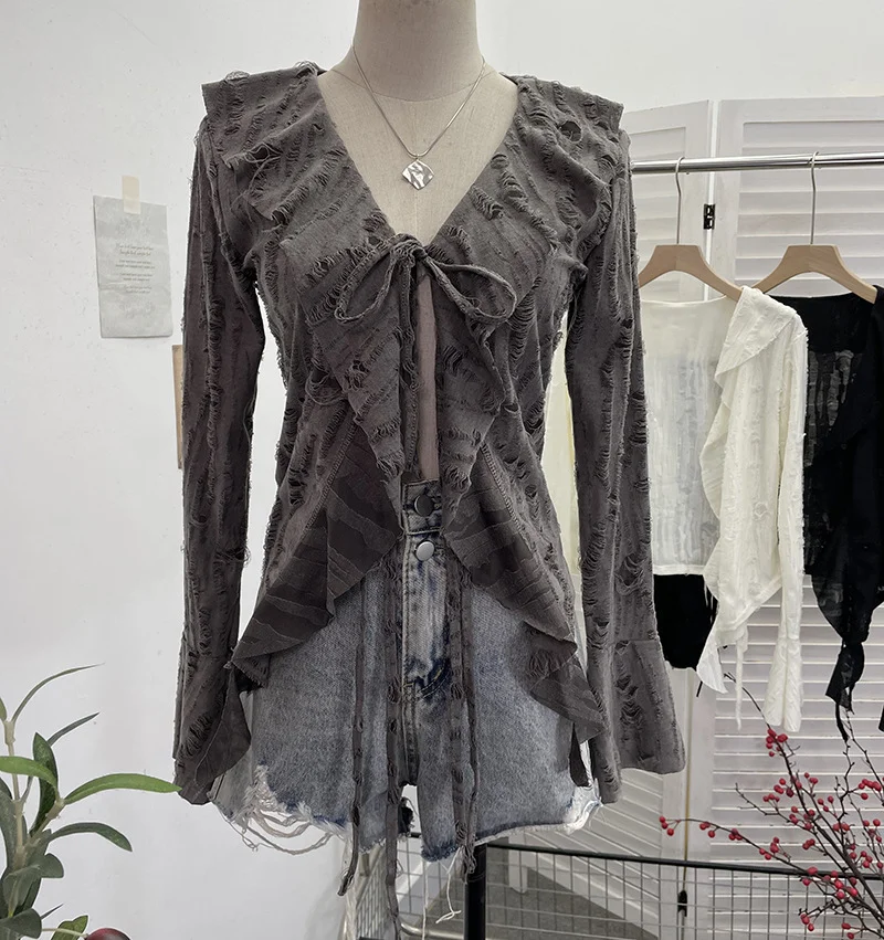 Uveng Dark Wind To Make Old Hole Horn Long Sleeve Open Shirt Tie With Lotus Leaf Side V Collar Sunscreen Shirt 9280