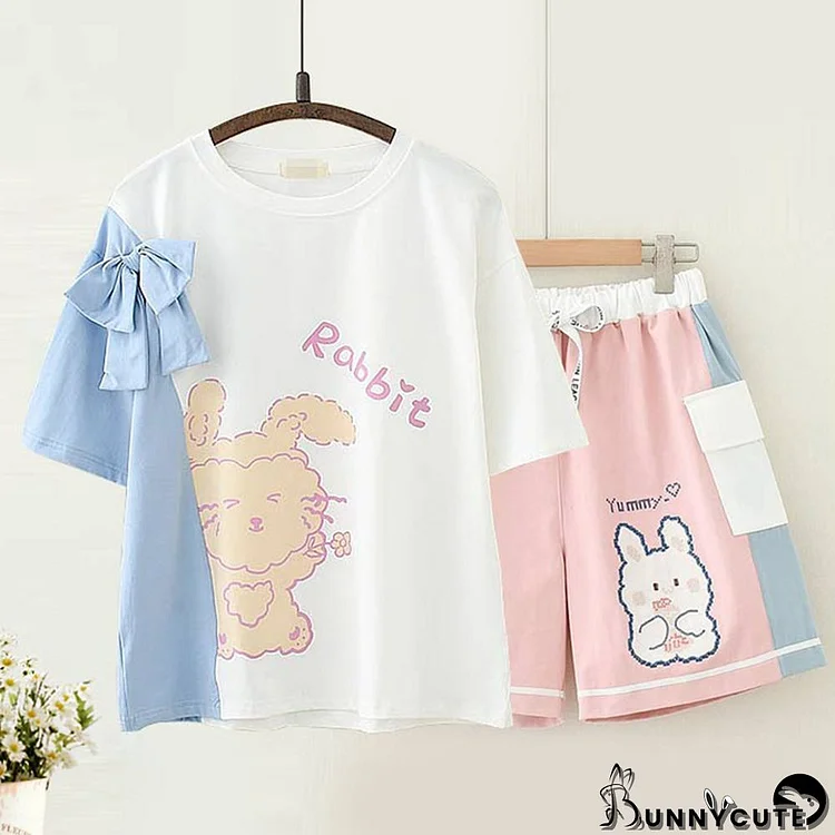 Colorblock Cartoon Rabbit Print Bow Knot T-Shirt Shorts Set