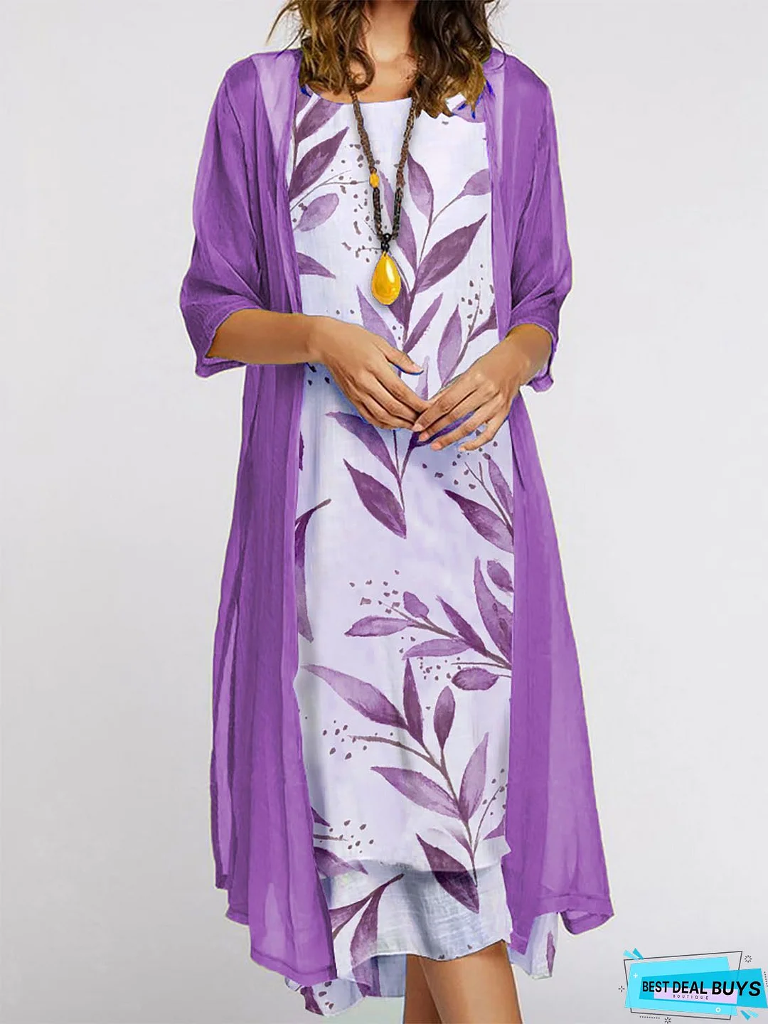 Women's Long Sleeve V-neck Colorblock Graphic Printed Two Pieces Maxi Dress
