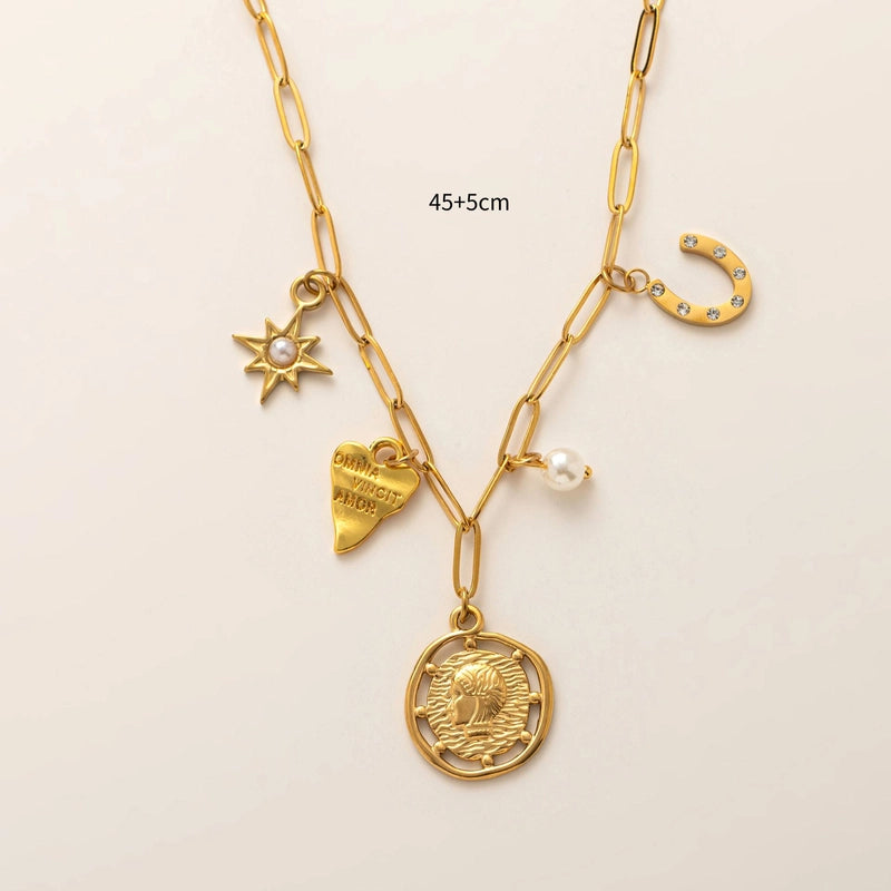 1 Piece 201 Stainless Steel 304 Stainless Steel 18K Gold Plated Pearl Coin Multi Charms Necklace