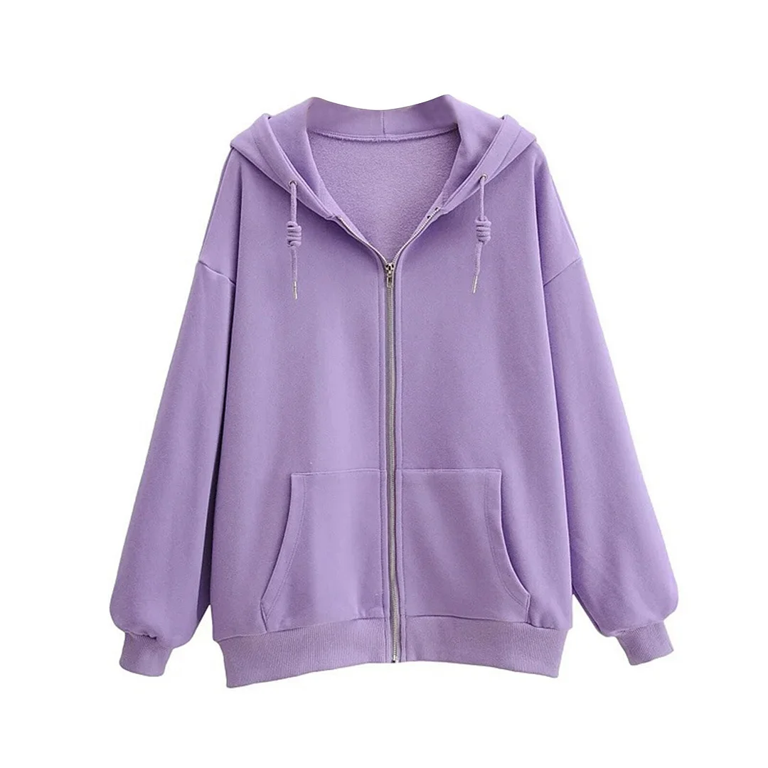 2021 Y2K Women Loose Simple Style Plush Hoodie Vintage Solid Color Zip Long Sleeve Jacket Hip-Hop Autumn Winter Sweatshirt Coat