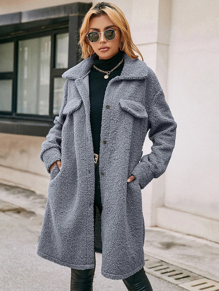 Lapel Long Sleeve Tie up Single Breasted Warm Plush Coat for Women