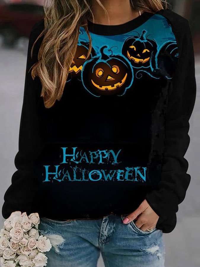 Halloween Pumpkin Print Long Sleeve Sweatshirt