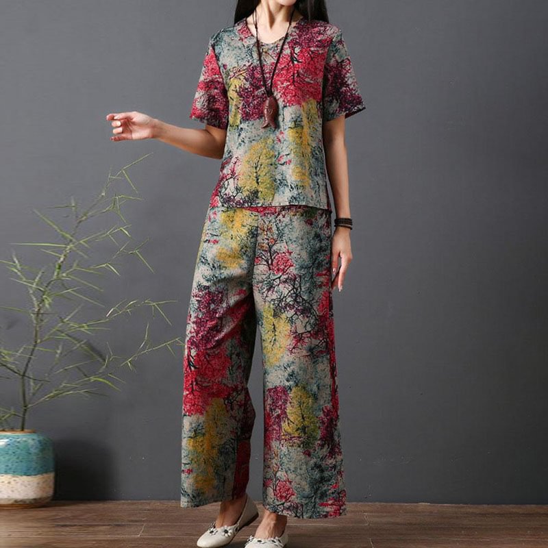 Ethnic print short-sleeved casual two-piece set