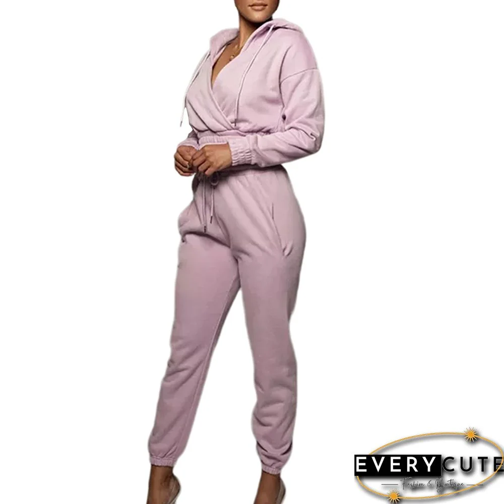 Pink Wrap V Neck Crop Hoodie and Pant Set